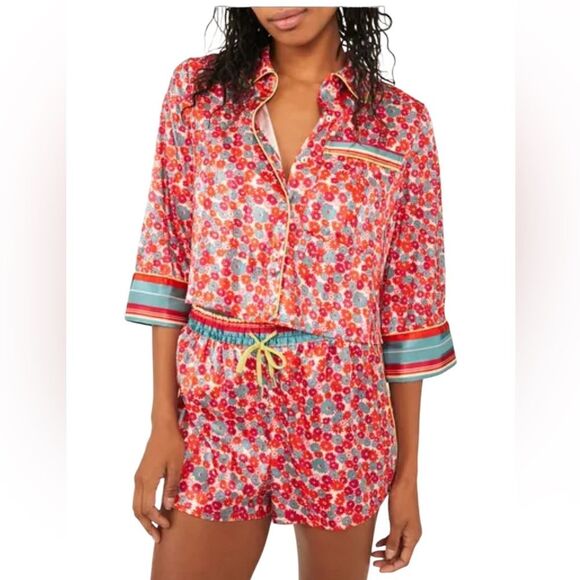 Free People Other - Free People Size L Pillow Talk Satin Pajama Set Red Poppy Floral Print Silky New